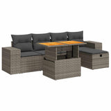 6 Piece Garden Sofa Set with Cushions Grey Poly Rattan Acacia - Front View