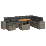 9 Piece Garden Sofa Set with Cushions Grey Poly Rattan Acacia - Front View