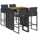 5 Piece Garden Bar Set without Cushions Black Poly Rattan Acacia - Front View