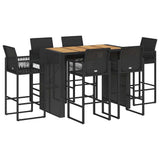 7 Piece Garden Bar Set without Cushions Black Poly Rattan Acacia - Front View