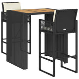 3 Piece Garden Bar Set with Cushions Black Poly Rattan Acacia - Front View