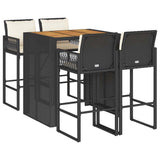 5 Piece Garden Bar Set with Cushions Black Poly Rattan Acacia - Front View