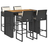 5 Piece Garden Bar Set with Cushions Black Poly Rattan Acacia - Front View
