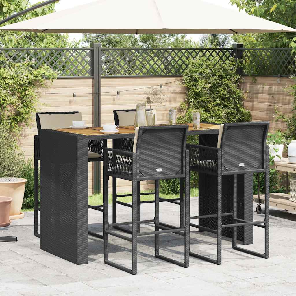 5 Piece Garden Bar Set with Cushions Black Poly Rattan Acacia