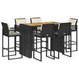 7 Piece Garden Bar Set with Cushions Black Poly Rattan Acacia - Front View