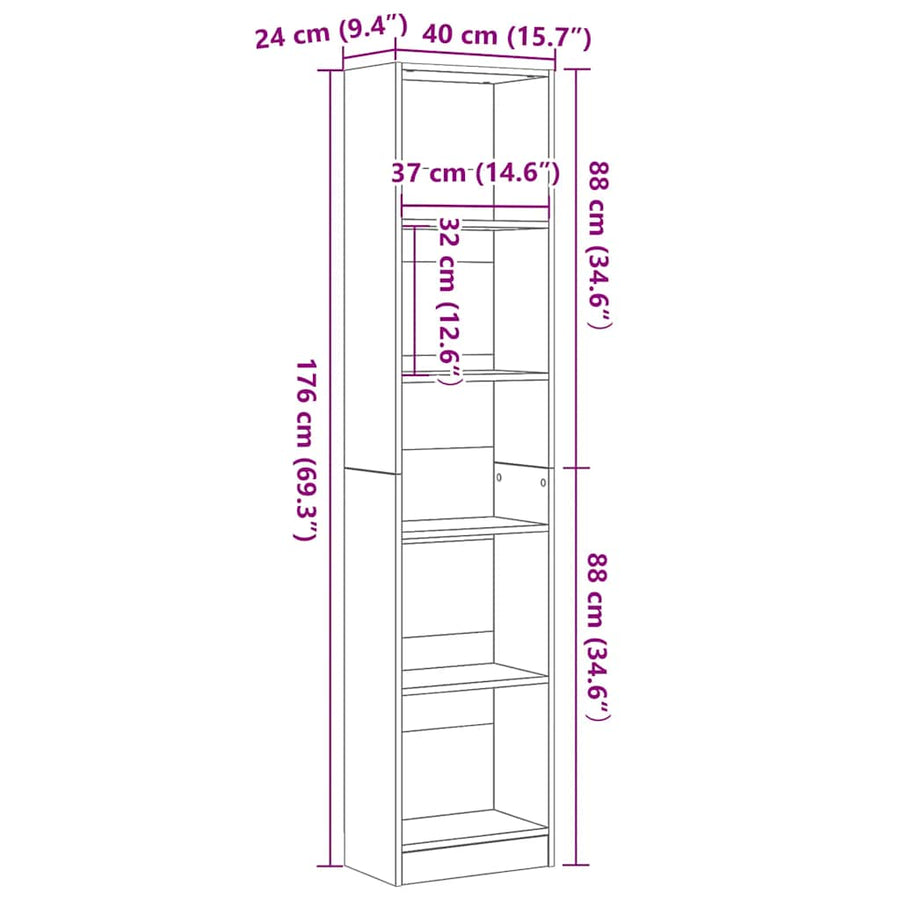 Bookcase Black Oak 40x24x176 cm Engineered Wood