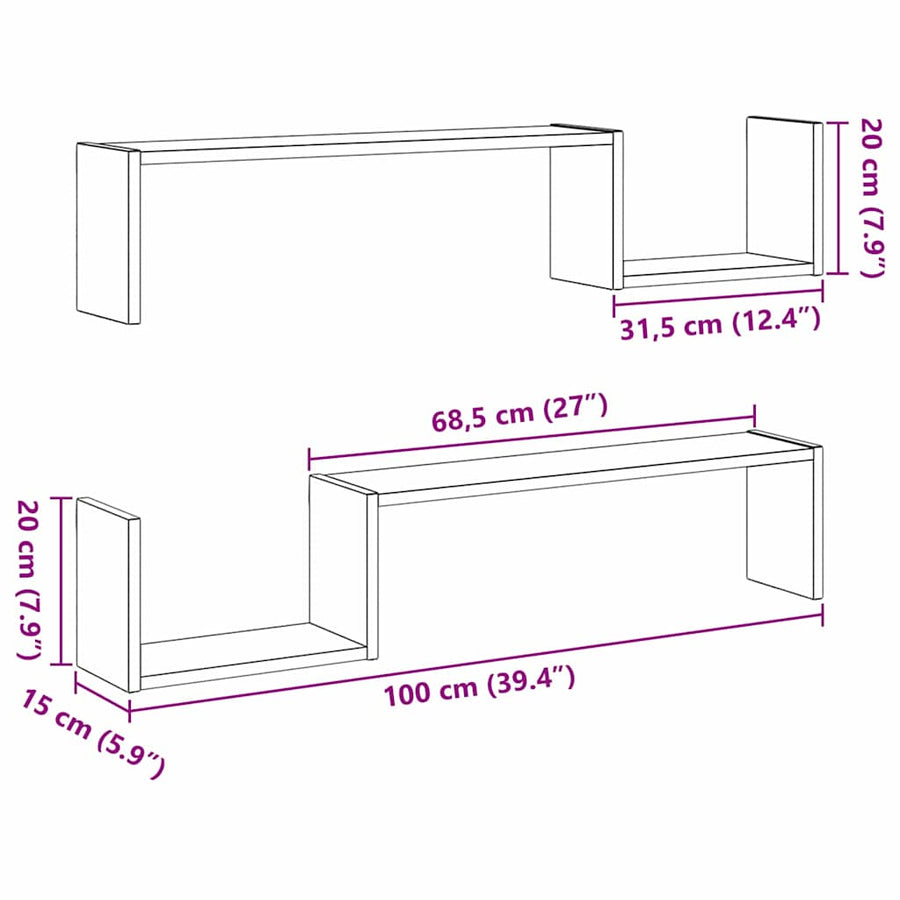 Wall Shelf 2 pcs Black Oak 100 x 15 x 20 cm Engineered Wood