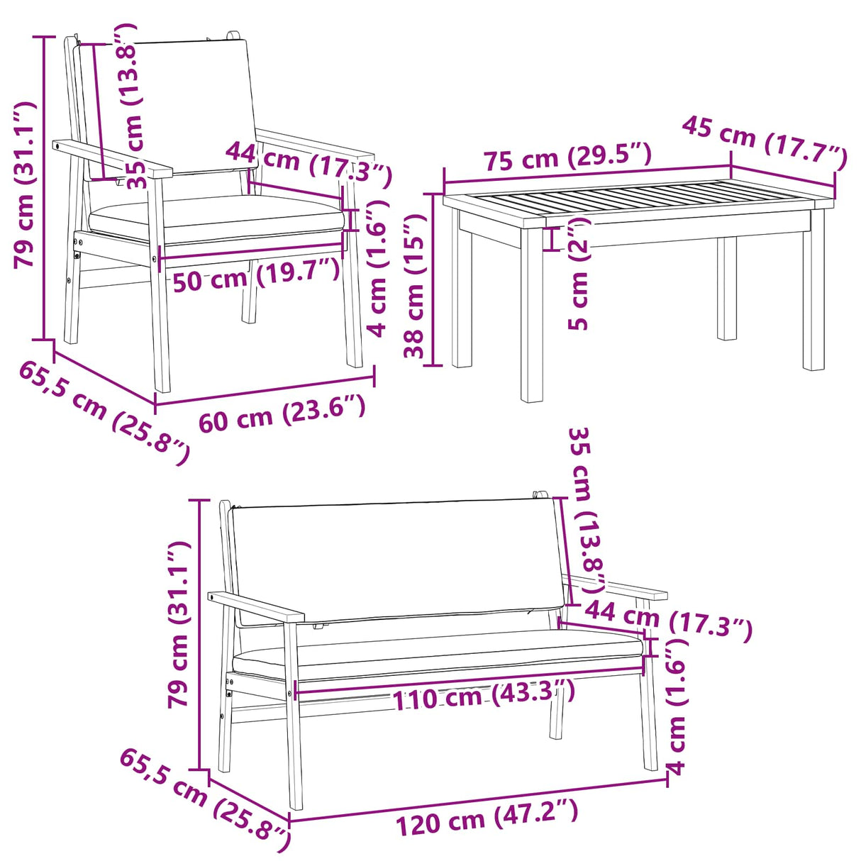 Garden Sofa Set 4 pcs Brown 120 x 65.5 x 79 cm