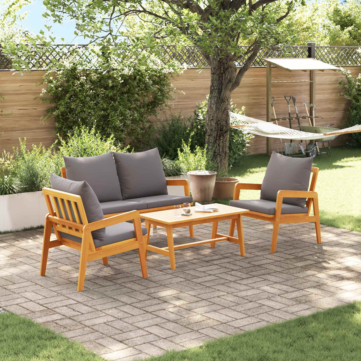 Bistro Set with Cushion 4 pcs Brown Solid Acacia Wood