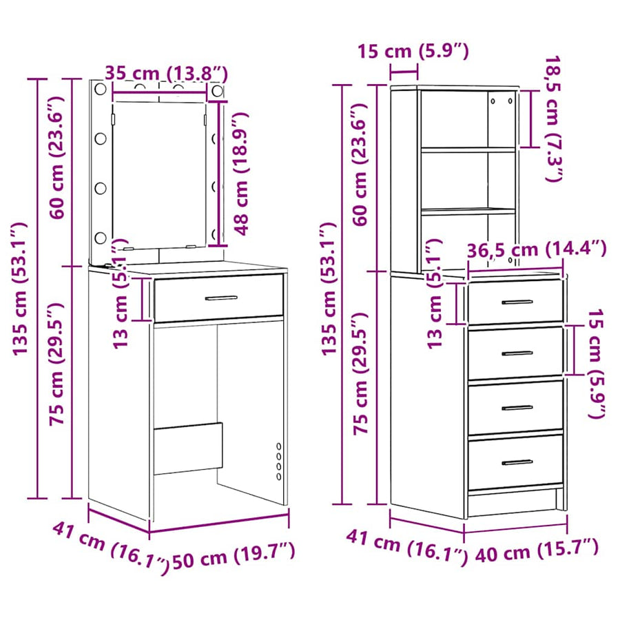 Dressing Table 2 pcs White 50 x 41 x 135 cm Engineered Wood