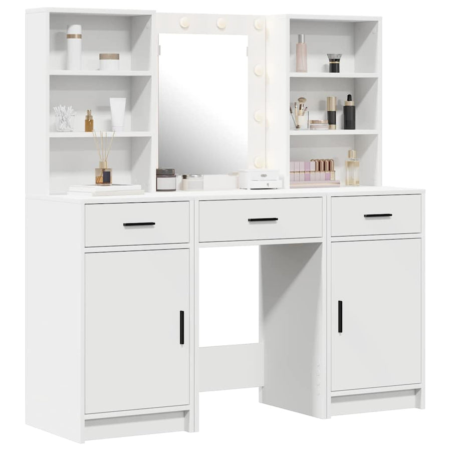 Dressing Table Set with LED 3 pcs White Engineered Wood