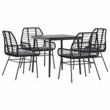 5 Piece Garden Dining Set with Cushions Black Poly Rattan Glass - Front View