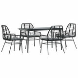 5 Piece Garden Dining Set with Cushions Black Poly Rattan Glass - Front View