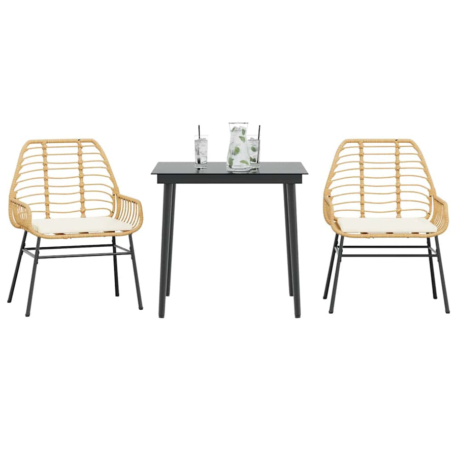 3 Piece Garden Dining Set with Cushions Brown Poly Rattan Glass