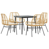 5 Piece Garden Dining Set with Cushions Brown Poly Rattan Glass - Front View
