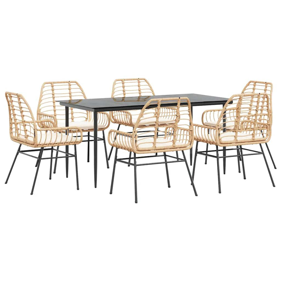 7 Piece Garden Dining Set with Cushions Brown Poly Rattan Glass