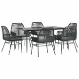7 Piece Garden Dining Set with Cushions Black Poly Rattan Glass