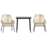 3 Piece Garden Dining Set with Cushions Brown Poly Rattan Glass - Front View