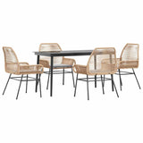 5 Piece Garden Dining Set with Cushions Brown Poly Rattan Glass - Front View
