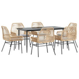 7 Piece Garden Dining Set with Cushions Brown Poly Rattan Glass