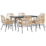 7 Piece Garden Dining Set with Cushions Brown Poly Rattan Glass - Front View