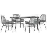 5 Piece Garden Dining Set with Cushions Grey Poly Rattan Glass - Front View
