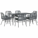 7 Piece Garden Dining Set with Cushions Grey Poly Rattan Glass