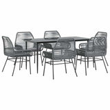 7 Piece Garden Dining Set with Cushions Grey Poly Rattan Glass - Front View