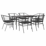 7 Piece Garden Dining Set with Cushions Black Poly Rattan Glass - Front View