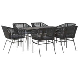 7 Piece Garden Dining Set with Cushions Black Poly Rattan Glass - Front View