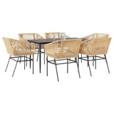 7 Piece Garden Dining Set with Cushions Brown Poly Rattan Glass