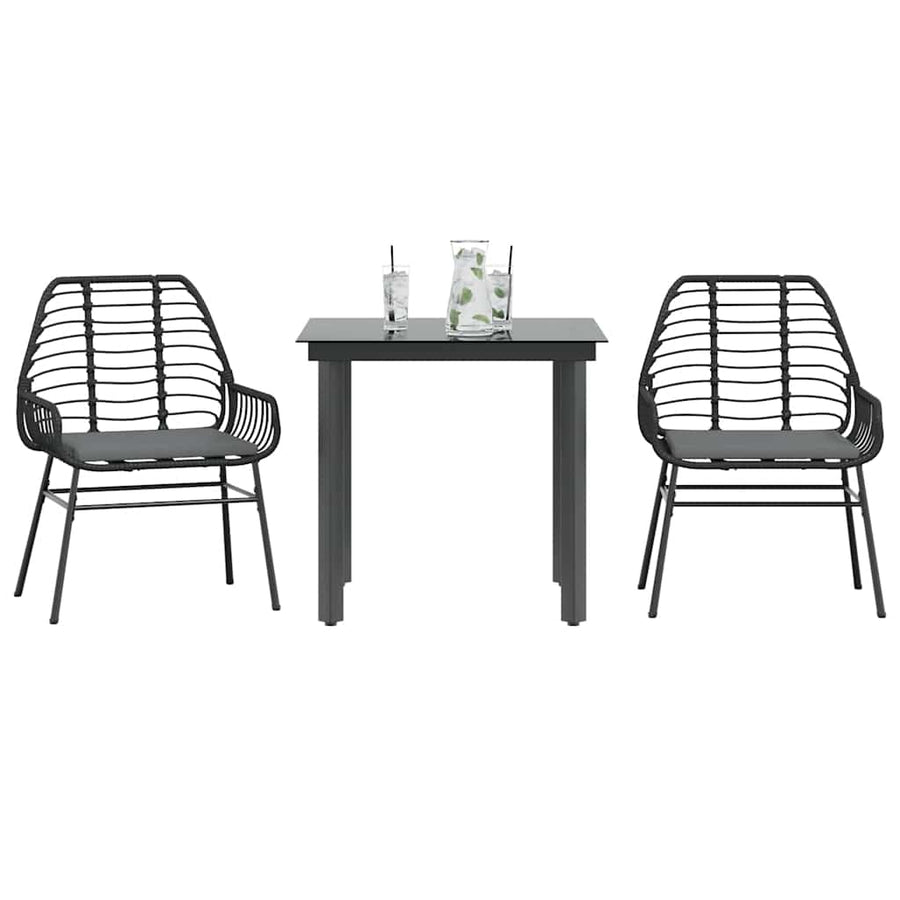 3 Piece Garden Dining Set with Cushions Black Poly Rattan Glass