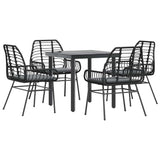 5 Piece Garden Dining Set with Cushions Black Poly Rattan Glass - Front View