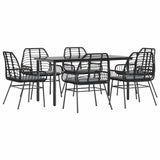 7 Piece Garden Dining Set with Cushions Black Poly Rattan Glass - Front View