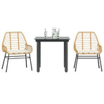 3 Piece Garden Dining Set with Cushions Brown Poly Rattan Glass