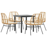 5 Piece Garden Dining Set with Cushions Brown Poly Rattan Glass - Front View