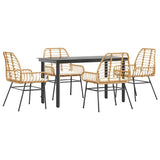 5 Piece Garden Dining Set with Cushions Brown Poly Rattan Glass - Front View