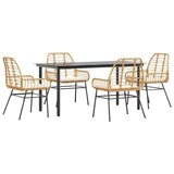 5 Piece Garden Dining Set with Cushions Brown Poly Rattan Glass - Front View