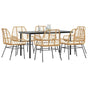 7 Piece Garden Dining Set with Cushions Brown Poly Rattan Glass