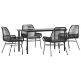 5 Piece Garden Dining Set with Cushions Black Poly Rattan Glass - Front View