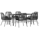 7 Piece Garden Dining Set with Cushions Black Poly Rattan Glass - Front View
