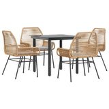 5 Piece Garden Dining Set with Cushions Brown Poly Rattan Glass - Front View