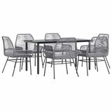 7 Piece Garden Dining Set with Cushions Grey Poly Rattan Glass - Front View