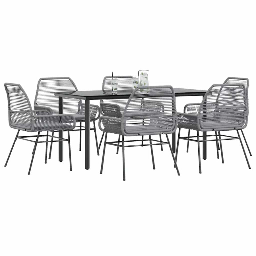 7 Piece Garden Dining Set with Cushions Grey Poly Rattan Glass
