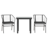 3 Piece Garden Dining Set with Cushions Black Poly Rattan Glass - Front View