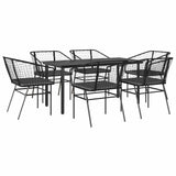 7 Piece Garden Dining Set with Cushions Black Poly Rattan Glass - Front View