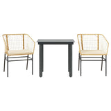 3 Piece Garden Dining Set with Cushions Brown Poly Rattan Glass - Front View