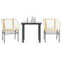 3 Piece Garden Dining Set with Cushions Brown Poly Rattan Glass