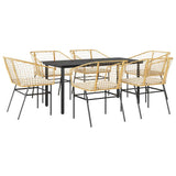 7 Piece Garden Dining Set with Cushions Brown Poly Rattan Glass - Front View