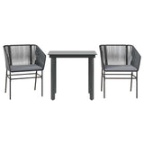 3 Piece Garden Dining Set with Cushions Black Poly Rattan Glass - Front View